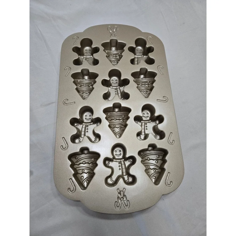 Nordic Ware Holiday Gingerbread Man and Christmas Tree Cakelet Pan Gold 12 Cup